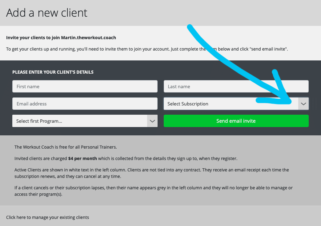 Screenshot of a webpage to invite clients to join a free software platform for personal trainers, featuring input fields for "first name" and "email address", and a drop-down menu titled "select subscription".