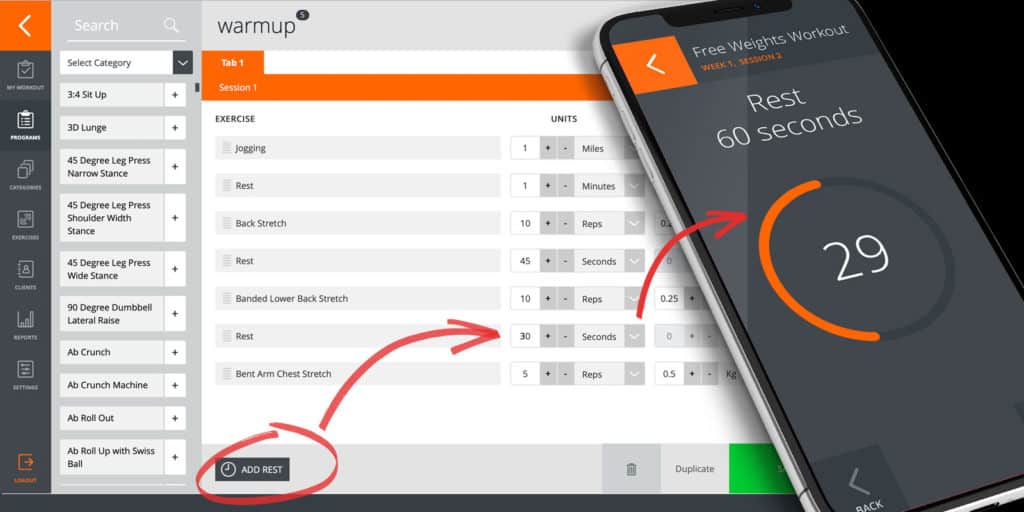 An image of a free fitness app on a tablet displaying a workout plan with various exercises, alongside a smartphone showing a 60-second rest timer currently at 29 seconds.