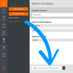Screenshot of a web application interface showing a user profile under the name 'martin houlden' with various navigation tabs on the left and options for managing free software for personal trainers, highlighted by a