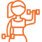 home 1 Icon of a person lifting dumbbells at home. The figure is outlined in orange, holding a dumbbell in each hand and appearing to be engaged in a bicep curl exercise. The person has a ponytail and is shown from the waist up.