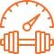 home 2 Icon of a speedometer above a barbell. The icon, in vivid orange, features the needle pointing upward to the right, suggesting high speed or intensity. This symbol captures fitness, strength, and performance—perfect for inspiring home workouts.
